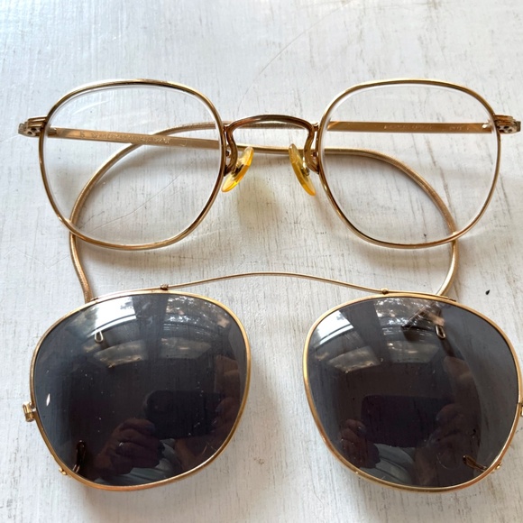 Vintage AO Eyeglasses Square Coil Temple 12k GF Metal Frame Gray Sunglasses Clip - Picture 8 of 16